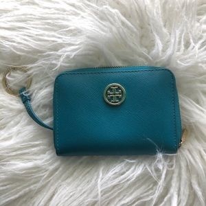 Tory Burch Teal Robinson Zip Coin Case